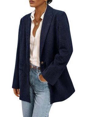 Women's Navy Long Sleeve Lapel Button Fall Coat Corduroy Blazer Jacket